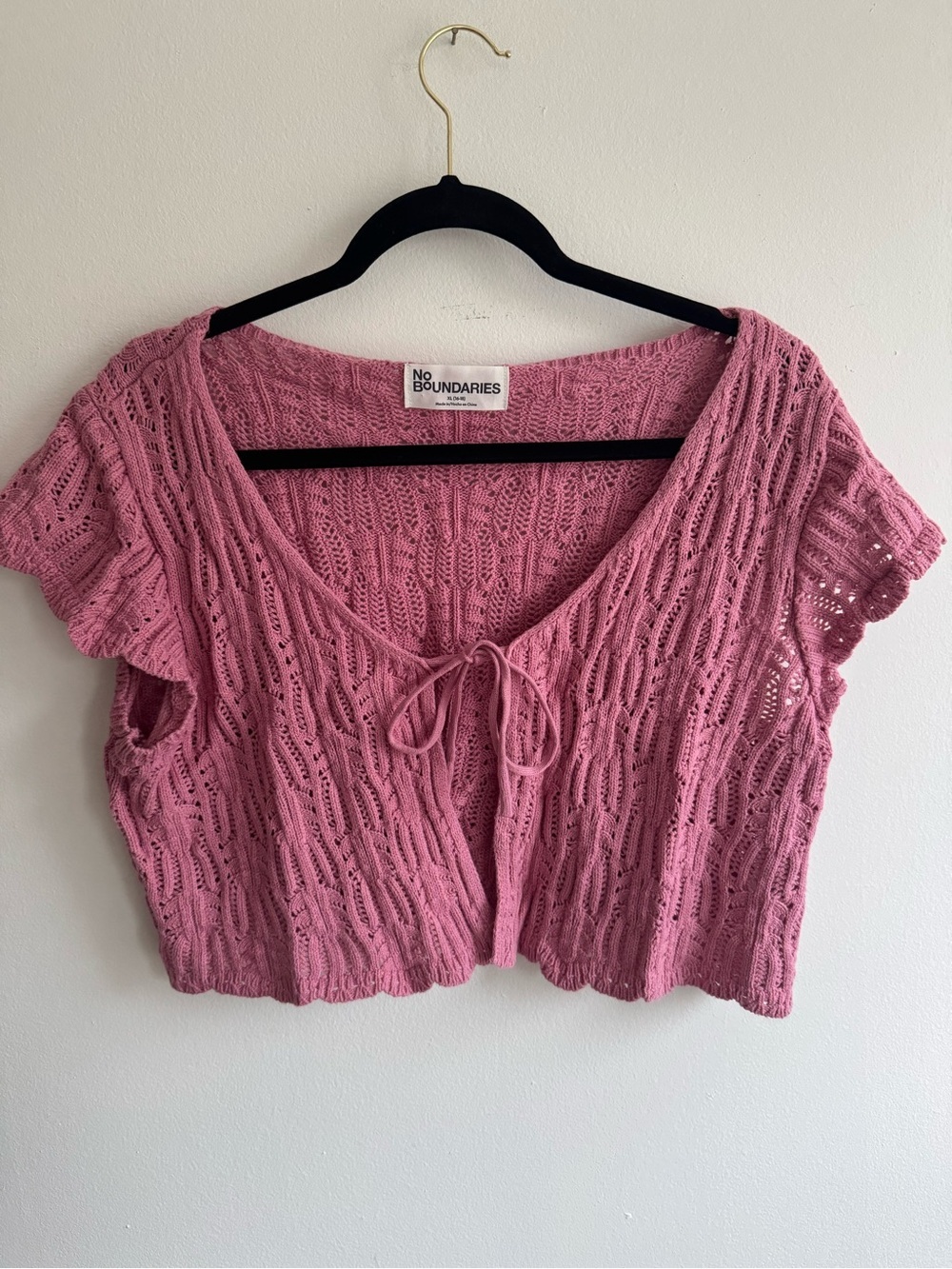 No Boundaries Pink Knit Tie Front Cropped Cardigan Top XL 16-18 Boho Coquette